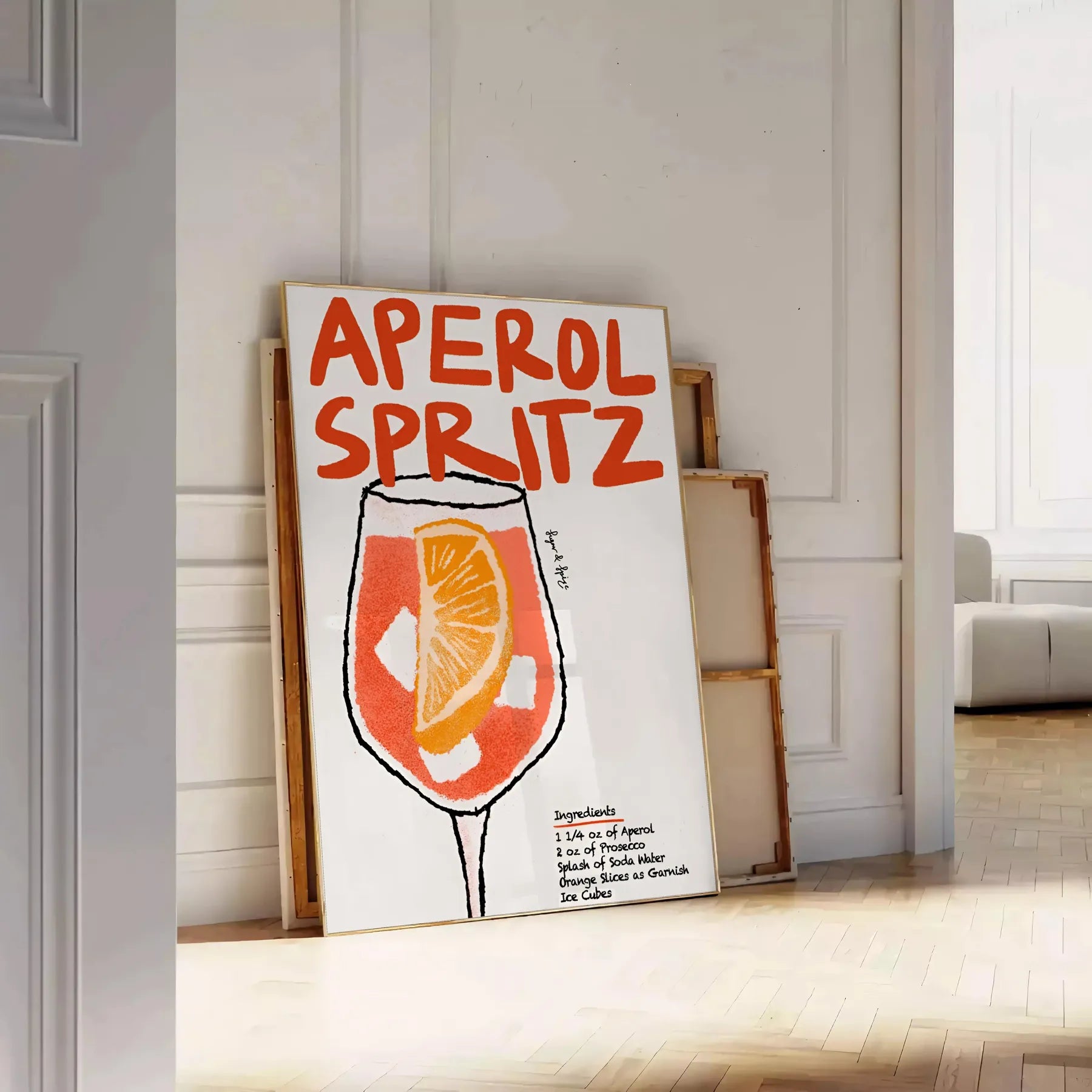 space vibrant Aperol Spritz cocktail poster bold orange sleek black hues wall art lovers unique gift size A4 cm A0 room stunning artwork