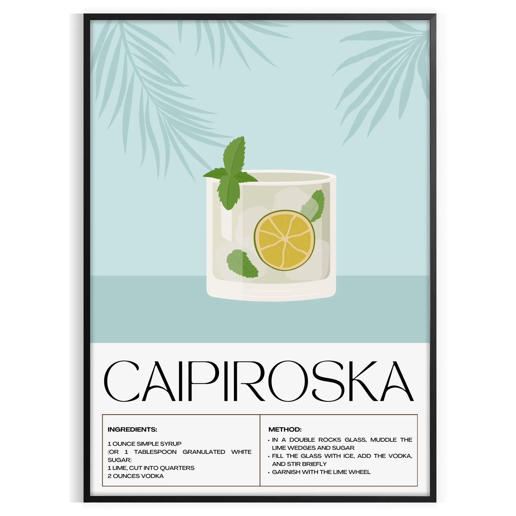 space stunning Caipiroska Cocktail Poster vibrant green hues sleek black background captivating wall art perfect gift enthusiasts chic addition room standalone print