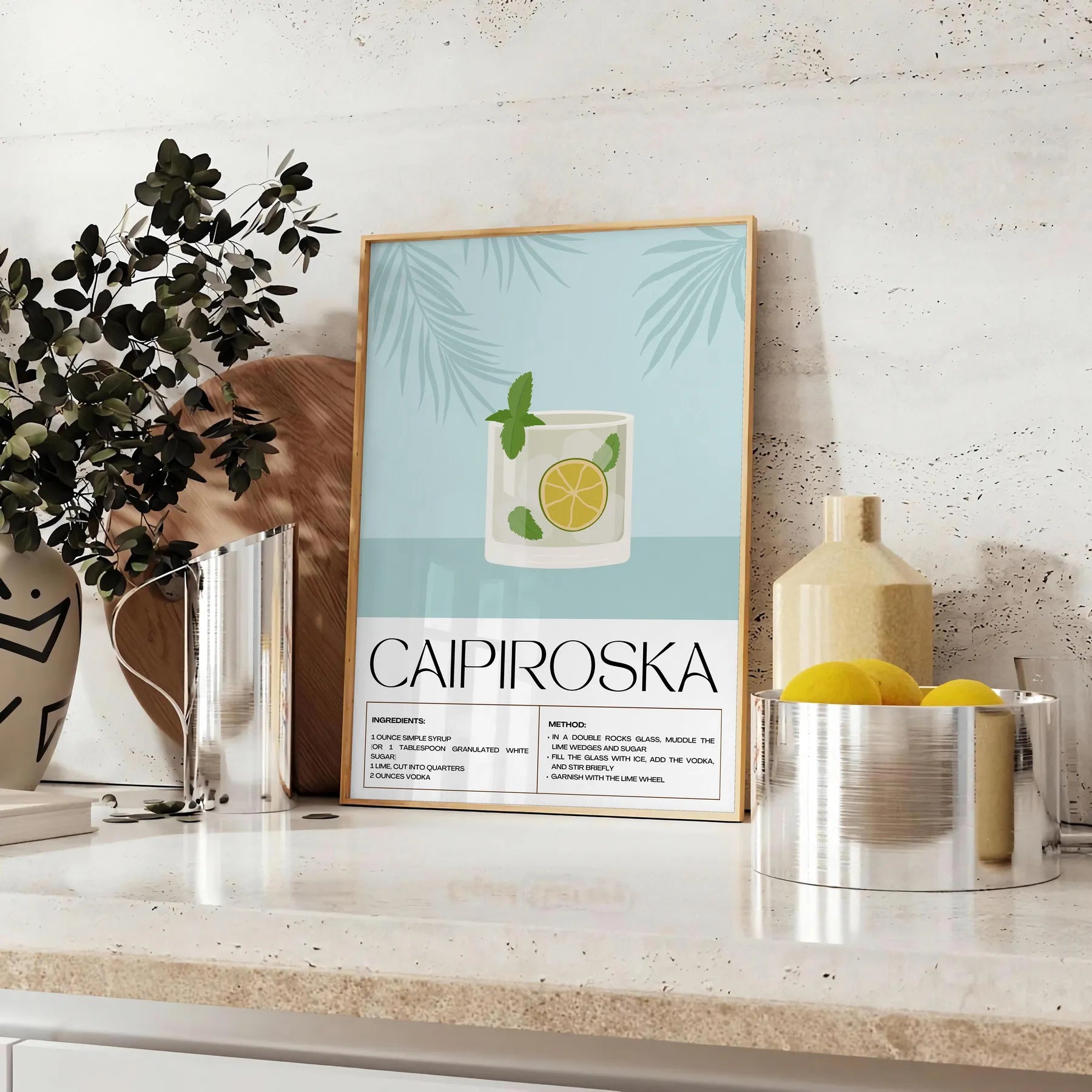 space stunning Caipiroska Cocktail Poster vibrant green hues sleek black background captivating wall art perfect gift enthusiasts chic addition room standalone print